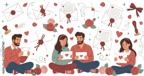 Couples reading love letters vector illustration set with romantic envelopes, roses, hearts, and valentines day relationship concept