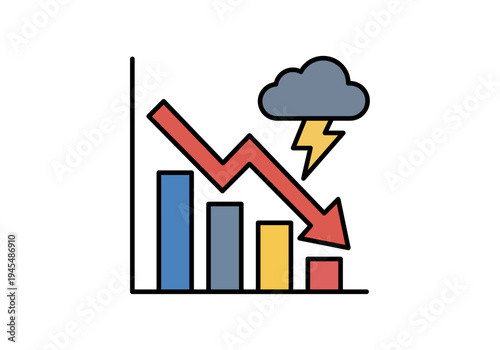 Gráfico de barras descendente con flecha roja y nube de tormenta que simboliza crisis económica o fracaso financiero