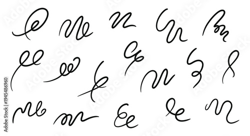 Diverse assortment of expressive hand-drawn black doodle vector graphic lines, curves, and squiggles for creative design projects.