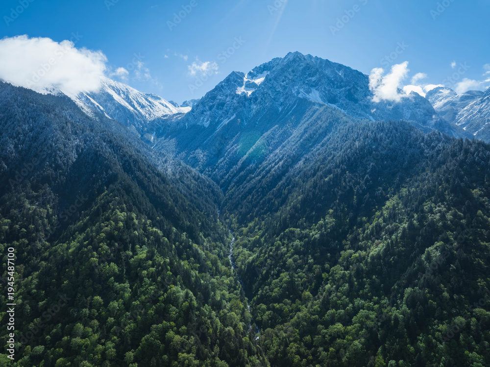 Obraz premium Aerial view of beautiful high altitude snow capped mountain and forest landscape