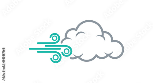 Clean vector graphic of a grey cloud with teal wind gusts illustrating a breezy weather forecast symbol or an air element.