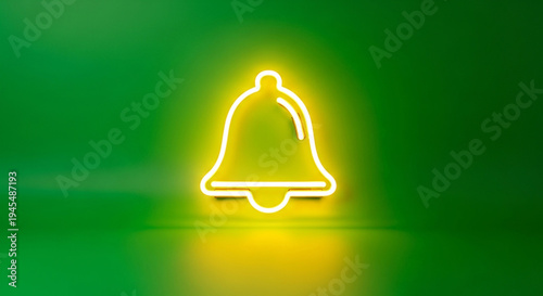 Neon bell icon on green background