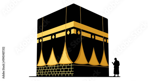 Sacred Kaaba at Mecca with worshiper silhouette. Vector Illustrations. EPS Editable