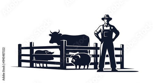 Rural Farmer Stands Beside Cattle Fence On Farm. Vector Illustrations. EPS Editable