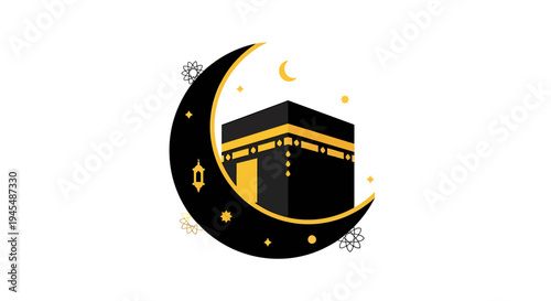 Sacred Kaaba Crescent Moon Emblem In Mosque Theme. Vector Illustrations. EPS Editable