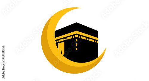 Sacred Kaaba Crescent Moon Icon Symbol. Vector Illustrations. EPS Editable