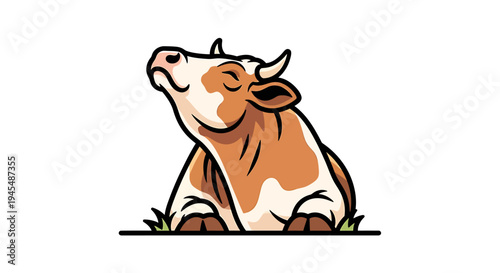 Playful cartoon cow resting in a sunny meadow illustration. Vector Illustrations. EPS Editable