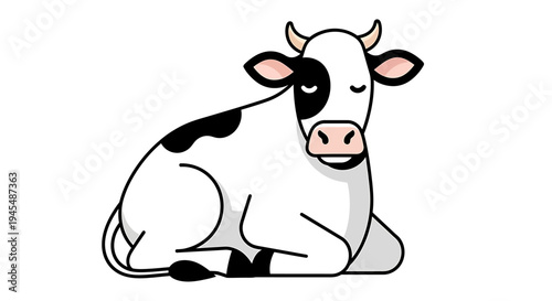 Playful Cartoon Cow Resting On Simple White Background. Vector Illustrations. EPS Editable