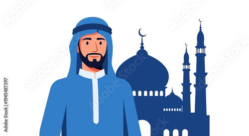 Portrait of a Muslim Man in Front of a Blue Mosque. Vector Illustrations. EPS Editable