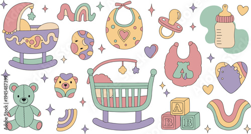 Cute baby nursery elements collection with crib teddy bear bib pacifier bottle toys pastel children vector illustration set