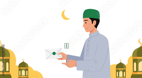 Ramadan Night Mosque Scene With Man In Traditional Attire. Vector Illustrations. EPS Editable