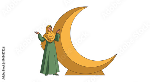 Religious Figure Beside Crescent Moon Illustration. Vector Illustrations. EPS Editable