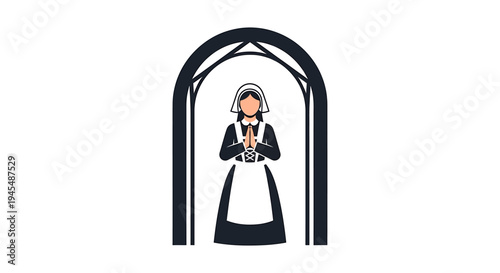 Religious nun silhouette framed by arched doorway. Vector Illustrations. EPS Editable