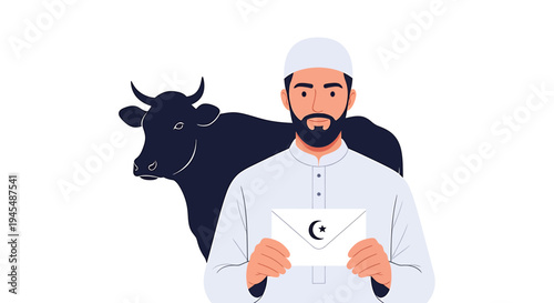 Religious Man Reading Document with Cow Behind. Vector Illustrations. EPS Editable