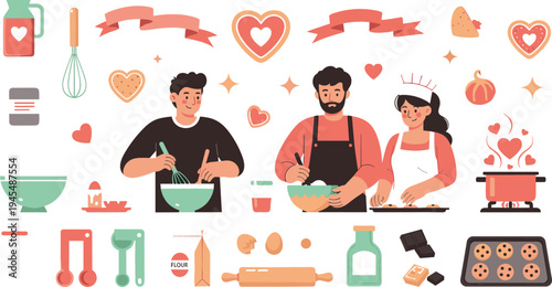 Family baking together vector illustration with parents and child cooking cookies, mixing ingredients, kitchen utensils, desserts, and homemade pastry preparation