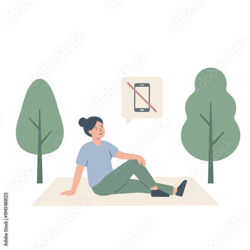 A woman sits on the ground in a park with trees, looking away from a phone.