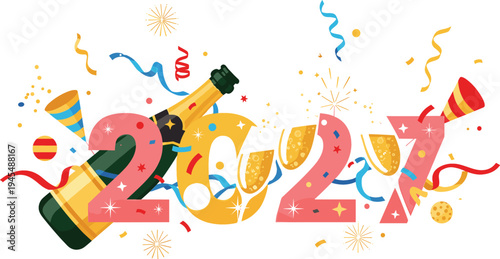 Happy New Year 2022 celebration vector illustration with champagne bottle, confetti, fireworks, party decorations, and festive holiday typography