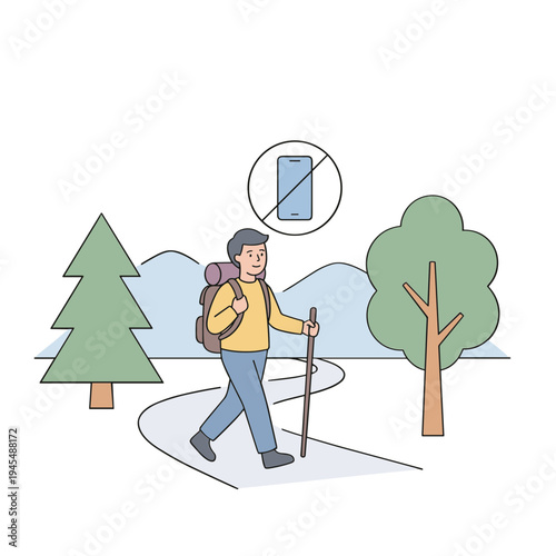 Man hiking on a winding trail surrounded by trees and mountains with a phone prohibition sign