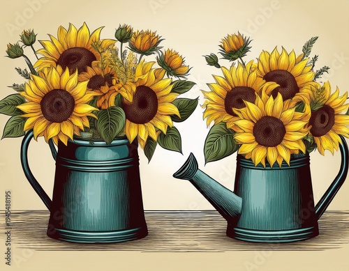 Wallpaper Mural sunflowers in vintage watering cans Torontodigital.ca