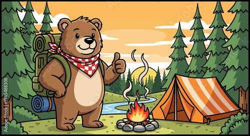 a cartoon bear camping in the woods with a tent and a campfire.