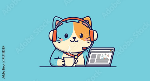 Cartoon cat wearing headset at desk.