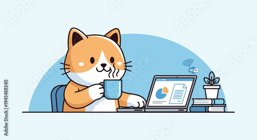 A cartoon cat sitting at a desk with a laptop and books.