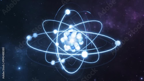 Glowing atom model in space.