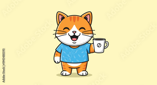 A cartoon cat holds a coffee mug.