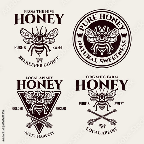 Vintage honey emblems and labels vector illustration with bees, honey spoons. Retro engraved style perfect for organic food packaging and beekeeping branding