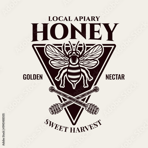 Vintage honey emblem or label vector illustration with bees, honey spoons. Retro engraved style perfect for organic food packaging and beekeeping branding