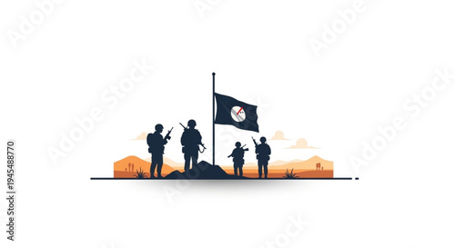 Military Remembrance Vector Illustration with Soldiers, Flag at Half-Mast, and Desert Landscape