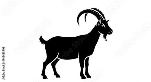 Silhouette Alpine Goat with Curved Horns. Vector Illustrations. EPS Editable