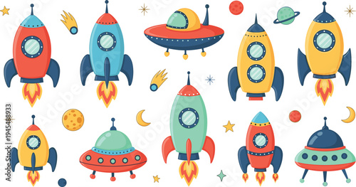 Cute cartoon rockets and flying UFO spaceships collection with planets stars moon and space elements vector illustration set