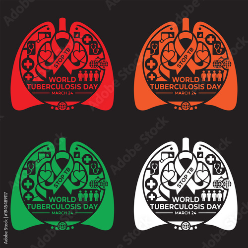 World Tuberculosis Day awareness logo collection with lung anatomy and medical icons