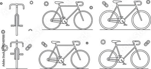 Road bicycle outline vector set with cycling bikes in side and front views, minimal line art transportation illustration collection