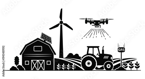 Modern agriculture illustration featuring a wind turbine drone and farm buildings