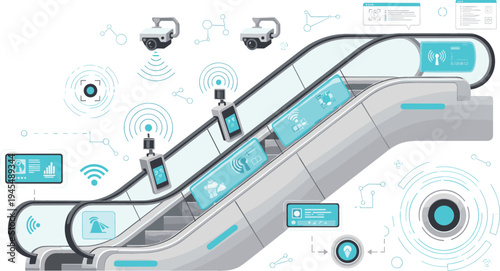 Smart escalator technology vector illustration with IoT sensors, surveillance cameras, wireless connectivity, and futuristic automated transportation system interface