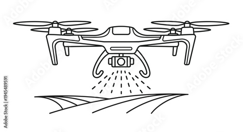 Line drawing of a drone hovering above a surface with radiating lines below