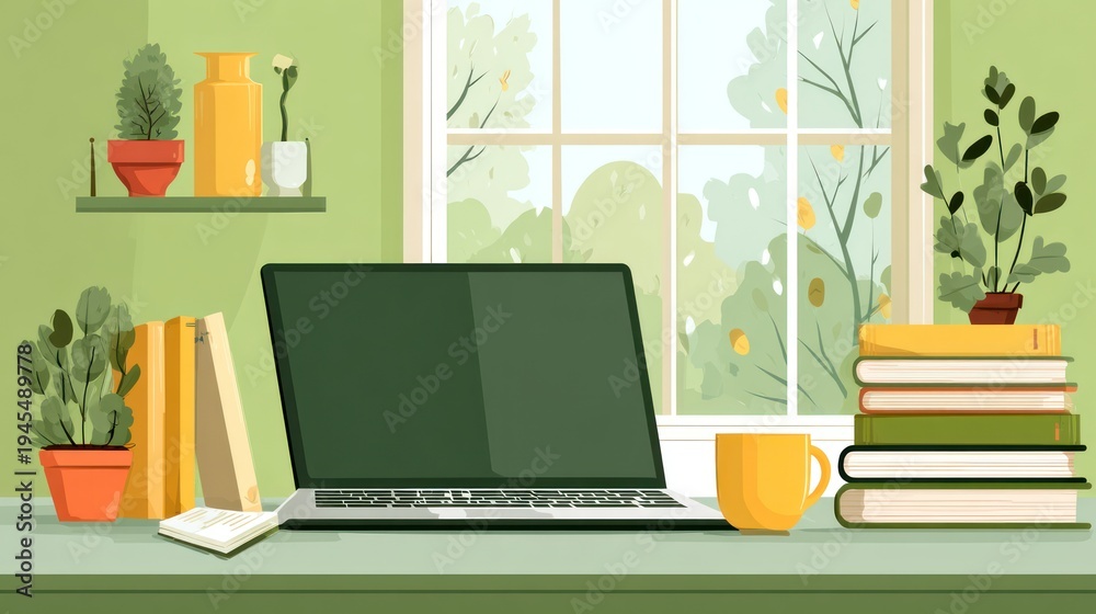 Fototapeta premium Cozy Home Office Workspace with Laptop, Books, and Plants by the Window.
