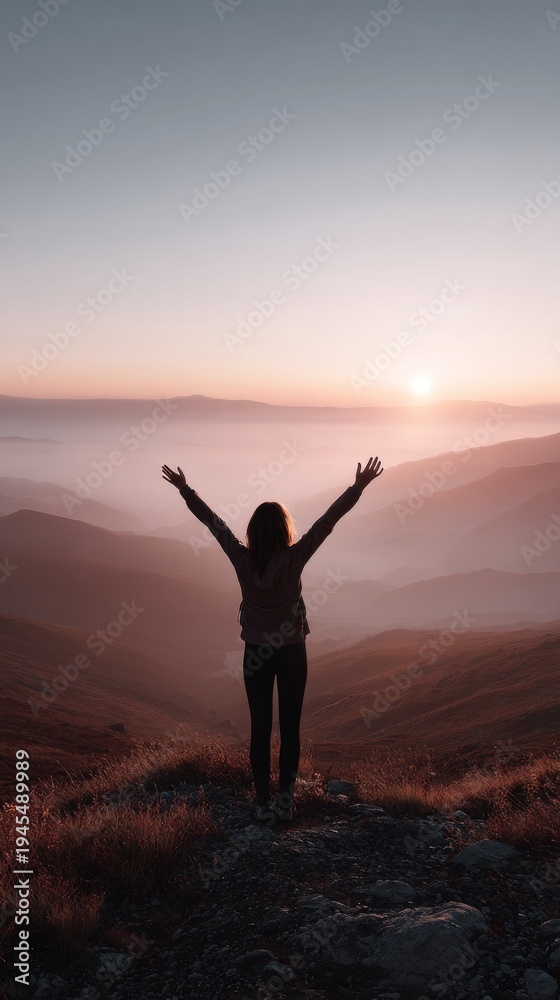 Fototapeta premium silhouette of a happy woman with hands up on the top of the mountain in sunset light