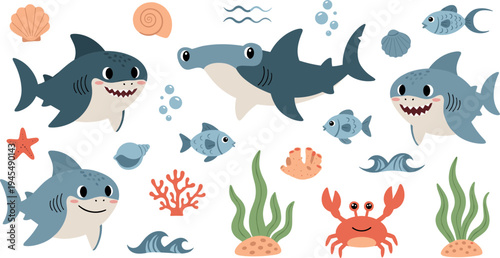 Cute cartoon shark and ocean animals character set with fish crab coral seashell seaweed underwater vector illustration