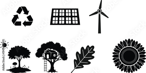Set of eco-friendly icons including recycling symbol, solar panel, wind turbine, tree, leaf, and sunflower