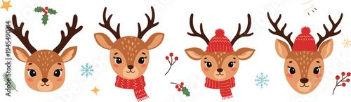 Cute Christmas reindeer face set with winter hat scarf holly berries festive kawaii vector illustration collection