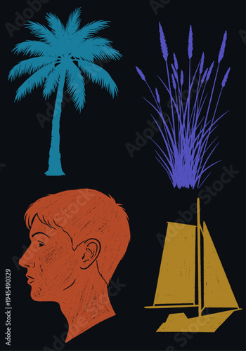 Textured vector graphic elements including a blue palm tree, purple grass, an orange human profile, and a golden sailboat, isolated on a dark background