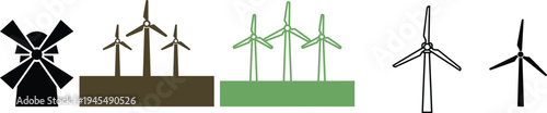 Renewable energy and wind power concept with modern wind turbines and classic windmill illustration