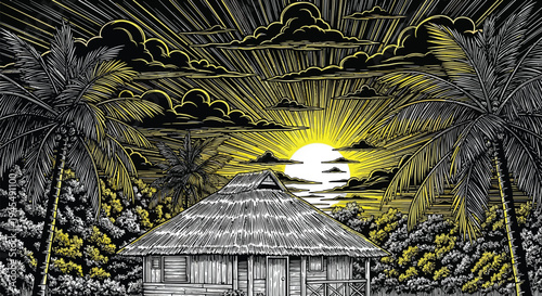 Vector illustration of tropical hut with palm trees at sunset