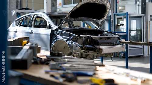 Partially assembled white car with open hood sits in an industrial workshop surrounded by tools, ready for repair or production