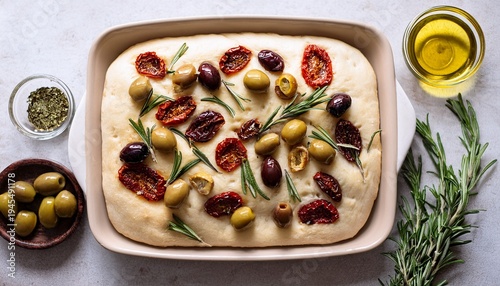 Wallpaper Mural top view of focaccia bread dough topped with green olives sundried tomato s fresh oregano rosemary and olive oil Torontodigital.ca