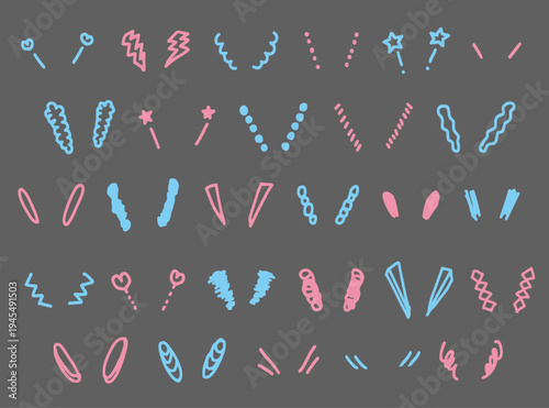 ピンクと水色の手書き風装飾ラインと感情表現エフェクトのセット 漫画やSNS広告で使えるかわいい落書き風のベクターイラスト素材