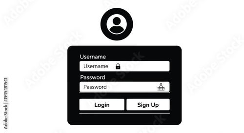 Black and white login form icon with username and password fields displayed